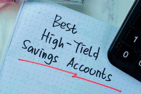 Concept of Best High-Yield Savings Accounts write on book isolated on Wooden Table.