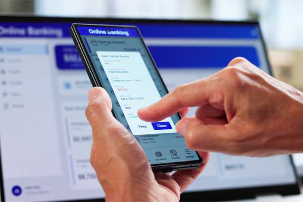 Woman Making Secure Online Bank Transfer Using Mobile App